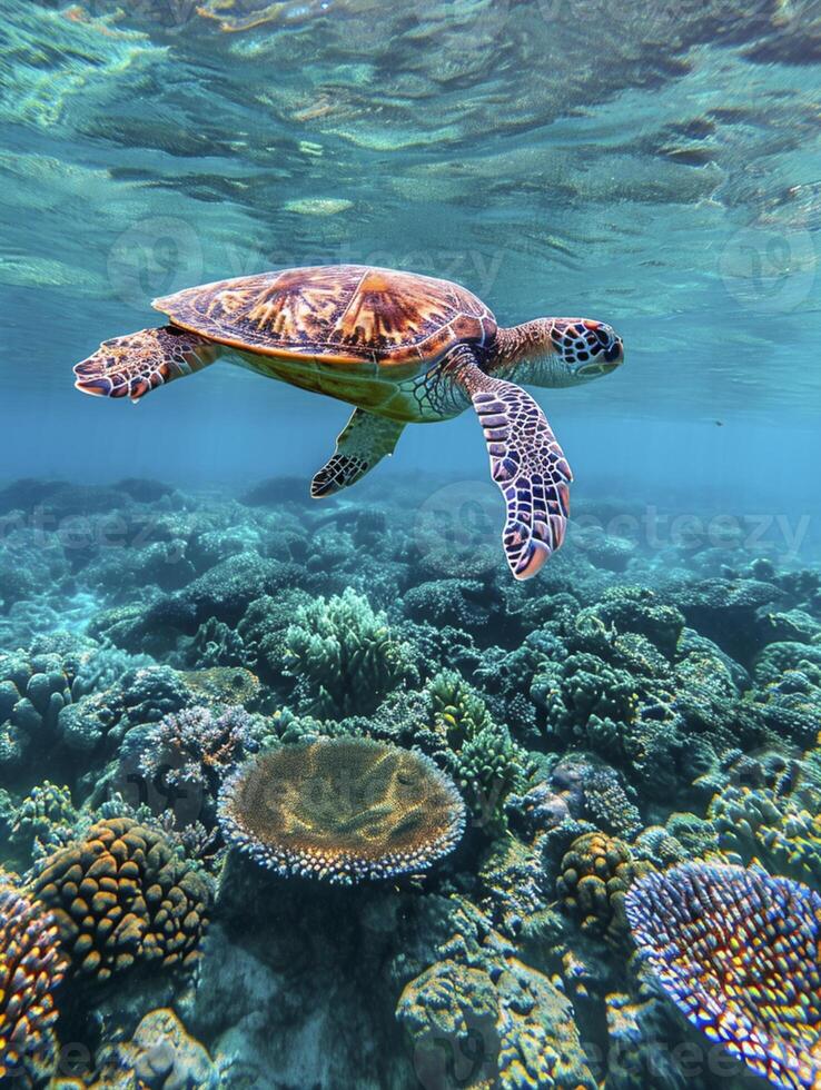 ai generiert heiter unter Wasser Umgebung mit Meer Schildkröte Schwimmen über ein Koralle Riff im klar, Türkis Wasser ai generiert foto