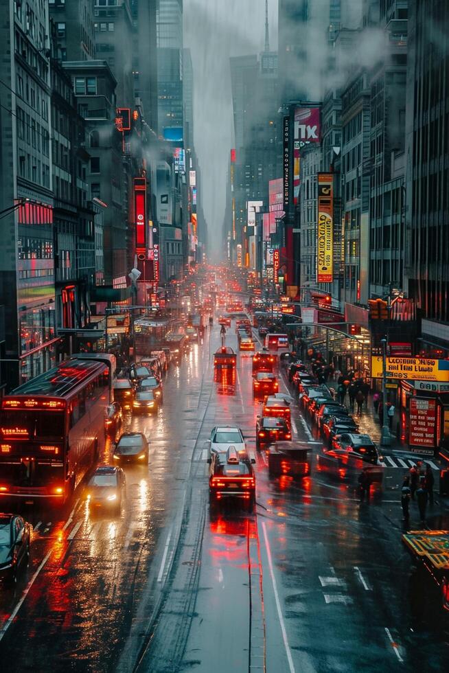 ai generiert Foto Abend Straße ,Die Straße sollte Sein nass und reflektieren das Beleuchtung von zahlreich Fahrzeug ai generiert