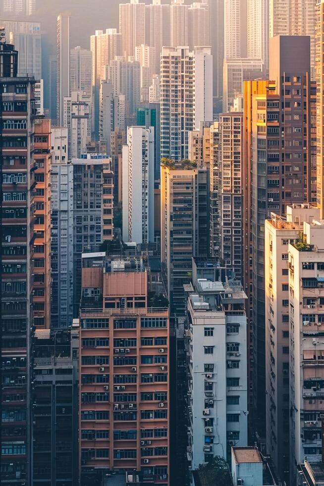 ai generiert Stadtbild Wolkenkratzer und Gebäude. architektonisch Vielfalt ist offensichtlich, mit Gebäude indikativ von ein früh Morgen oder spät Nachmittag Rahmen im beschäftigt städtisch Umgebung ai generiert foto