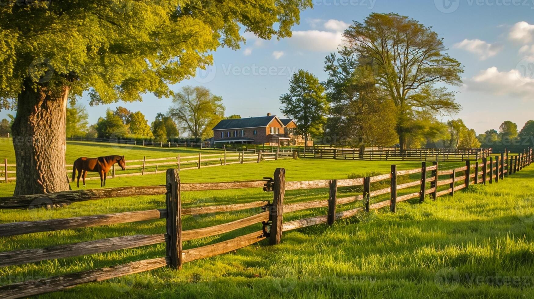 ai generiert Teilt Schiene Zaun erstreckt sich über das Landschaft, Haus , Teilen das üppig Grün Felder, und Pferd weidet friedlich in der Nähe ai generiert foto