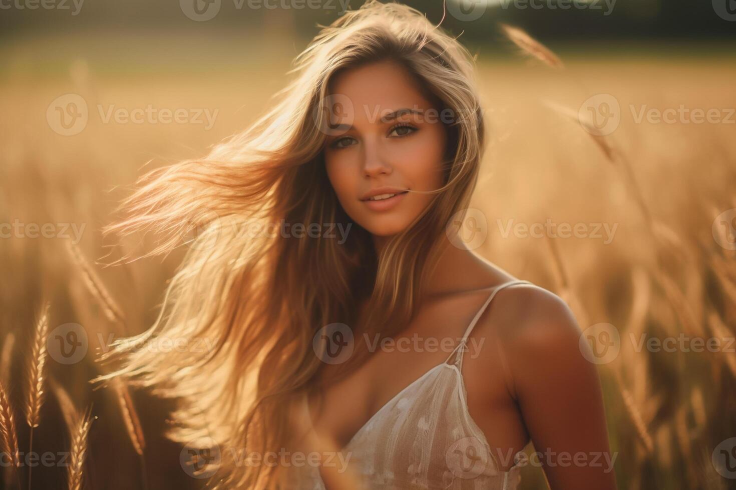 ai generiert Porträt von ein schön jung blond Frau im ein Weiß Kleid Laufen durch das golden Weizen Feld beim Sonnenuntergang .ai generiert foto