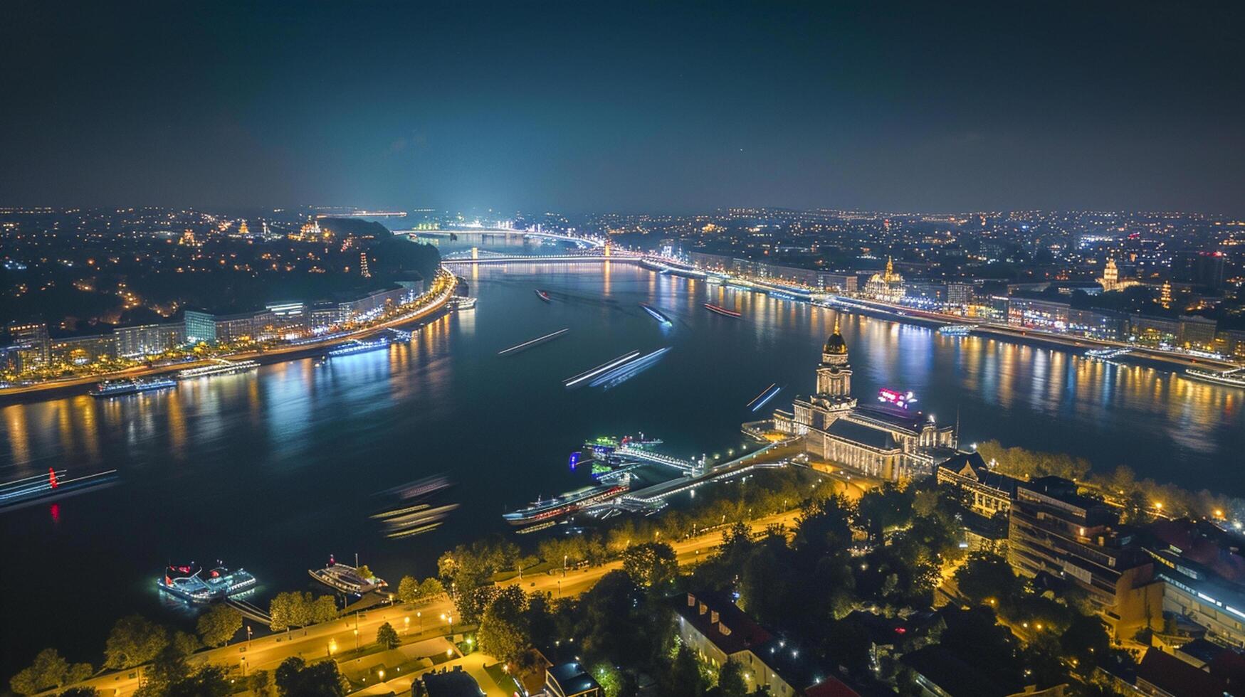 ai generiert Antenne Nacht Aussicht von ein Stadtbild umgeben durch Wasser ai generiert foto