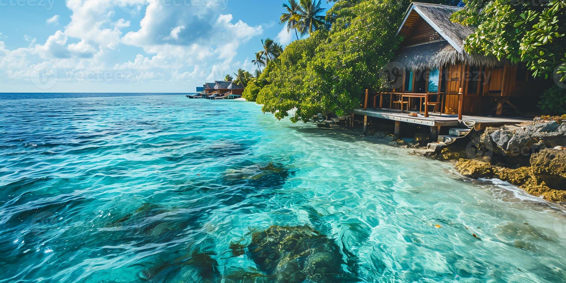 ai generiert tropisch Paradies. Luxus Panoramaansicht auf Malediven Resort auf Seelandschaft Hintergrund. Bungalow, Villen auf schön exotisch Strand auf das Ozean. Spa, Freizeit, Konzept ai generiert foto