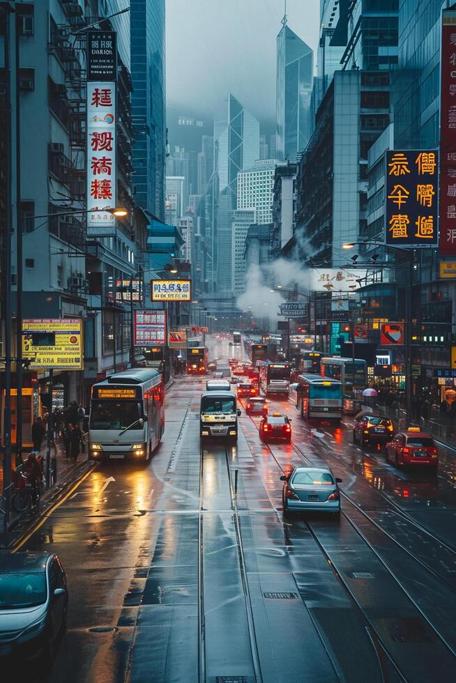 ai generiert Foto Abend Straße ,Die Straße sollte Sein nass und reflektieren das Beleuchtung von zahlreich Fahrzeug ai generiert