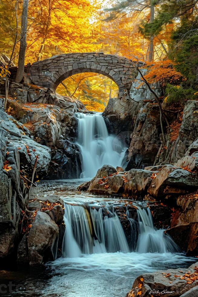 ai generiert heiter Bild erfasst malerisch Wasserfall fließend inmitten Felsen Terrain. ein alt Stein Brücke, verwittert noch robust, Bögen anmutig Über das Kaskadierung Wasser ai generiert foto