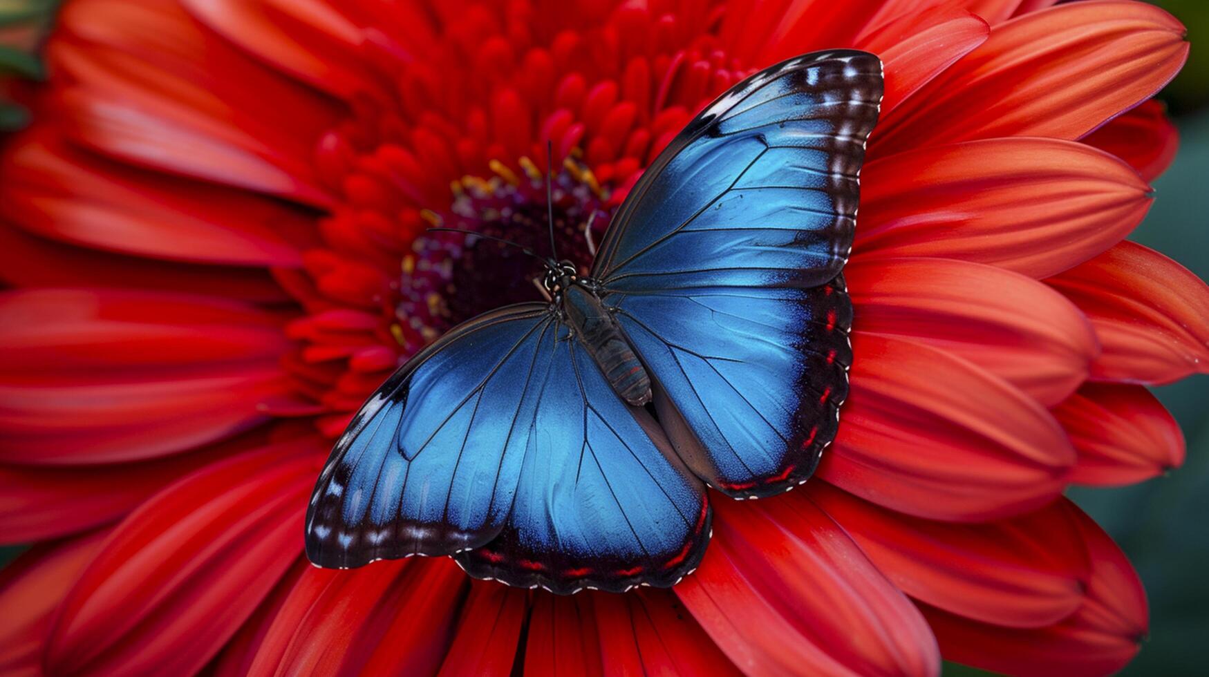 ai generiert Blau und schwarz Schmetterling ruhen auf das Blütenblatt von ein hell rot Blume ai generiert foto