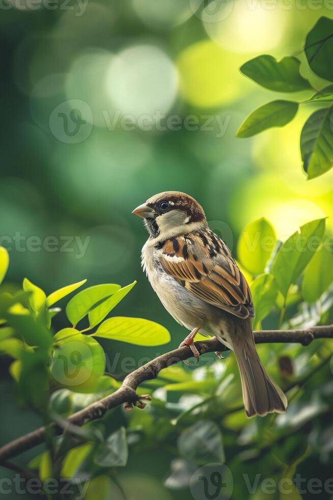 ai generiert Spatz thront auf ein Zweig, umgeben durch üppig Grün ai generiert foto