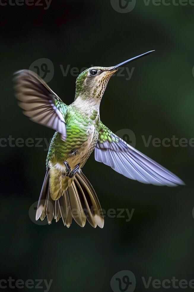 ai generiert Foto von Grün Vogel fliegend auf glatt dunkel Hintergrund ai generiert