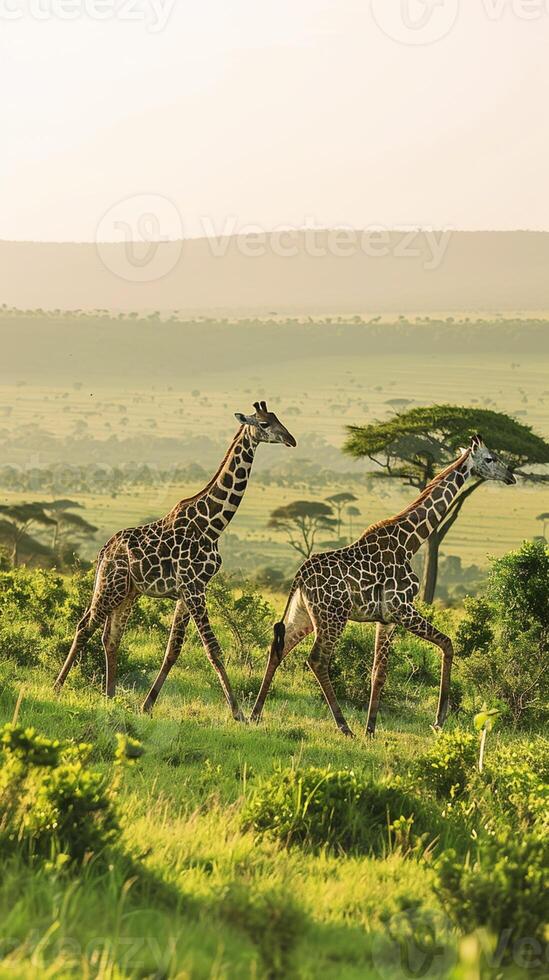 ai generiert zwei Giraffen anmutig Gehen durch ein üppig, Grün Landschaft ai generiert foto