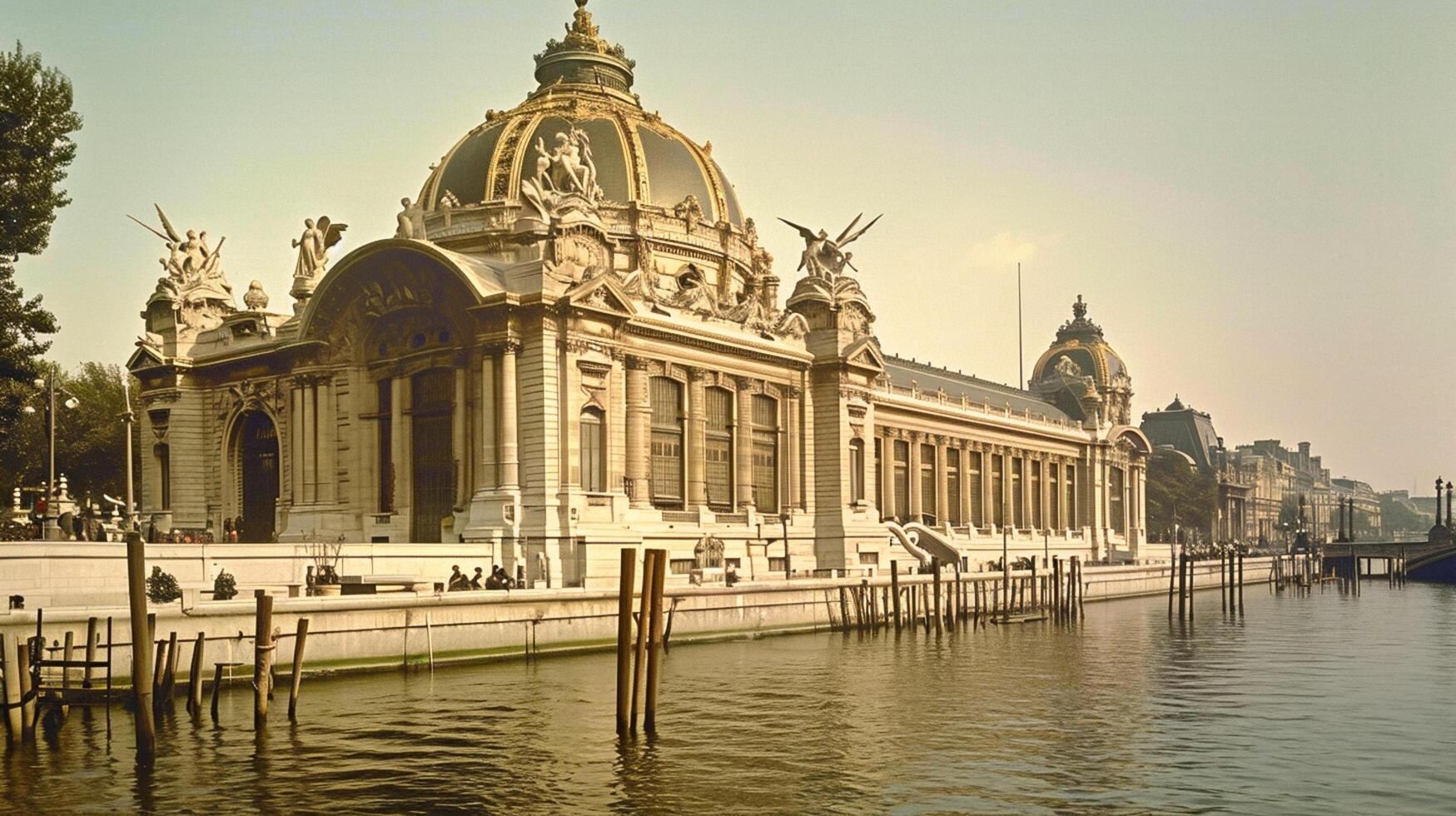 ai generiert Foto von majestätisch, historisch Gebäude mit kompliziert architektonisch Einzelheiten, Stehen neben heiter Körper von Wasser unter klar Himmel. das Gebäude hat groß Kuppel beim das oben ai generiert