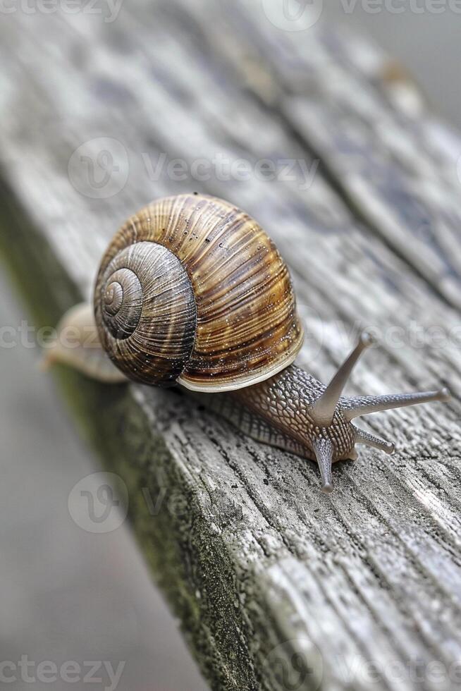 ai generiert Schnecke langsam ziehen um über ein hölzern Oberfläche. ai generiert foto