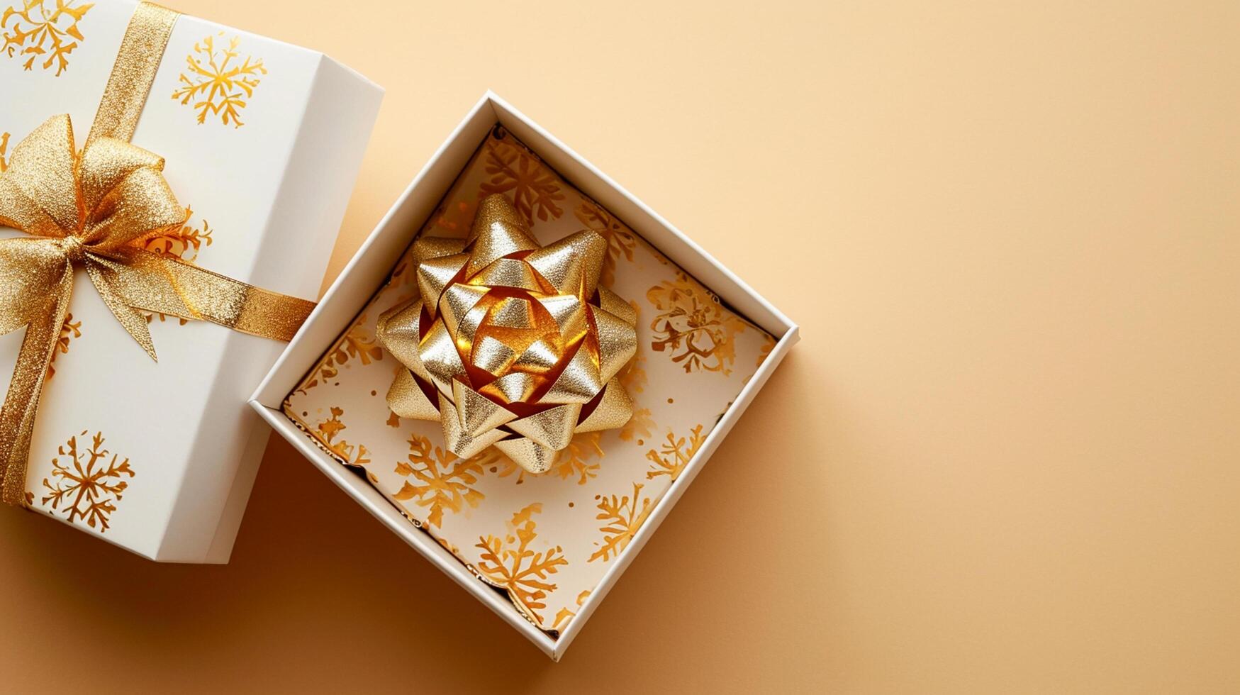 ai generiert leeren öffnen Weiß Geschenk Box mit Gold Band auf Beige Hintergrund, Kopieren Raum ai generiert foto