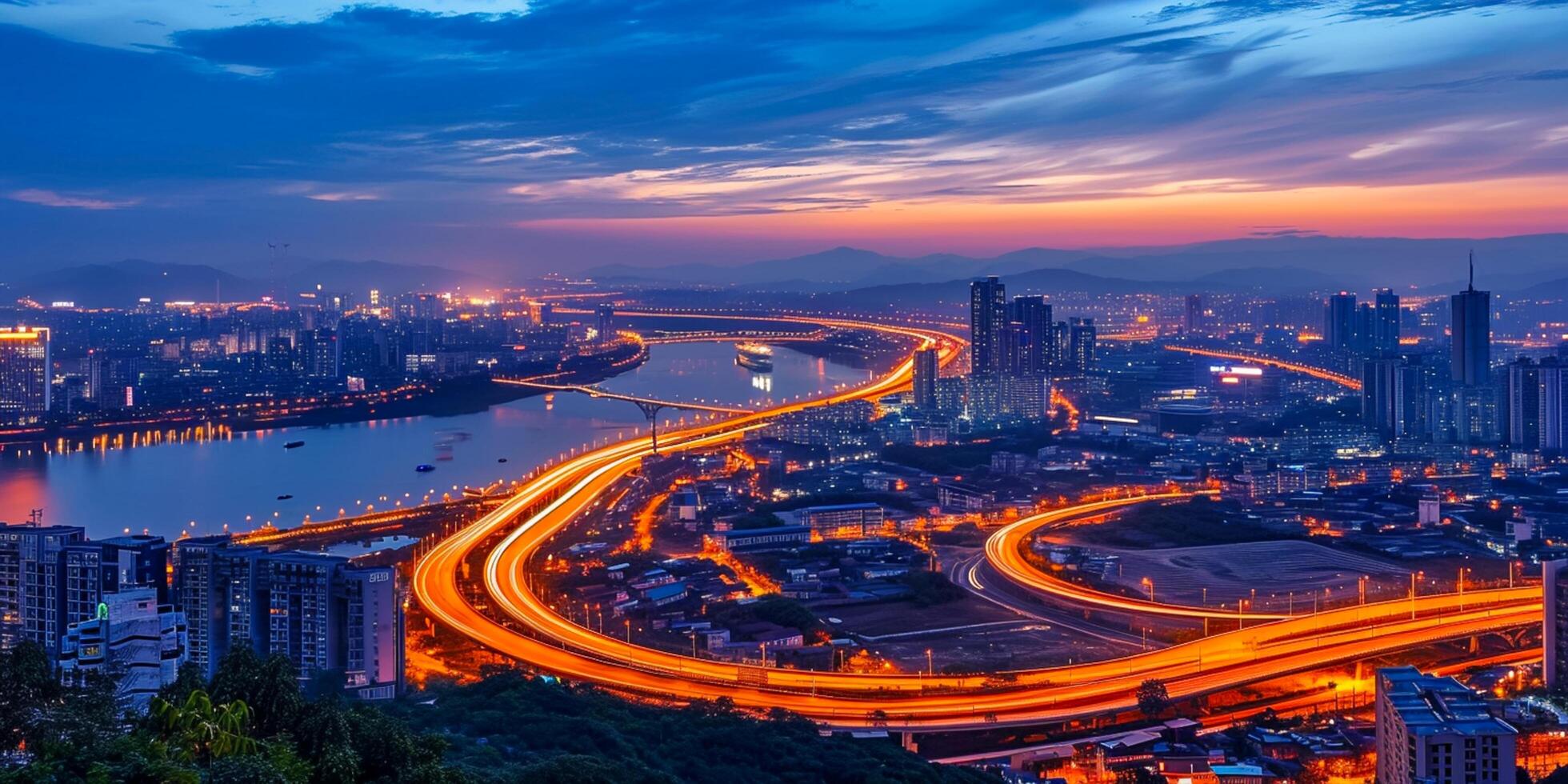 ai generiert Foto von Stadtbild während Dämmerung mit Fluss durch Teil von das Stadt. das Himmel das Beginn von Abend, Straßenlichter Bildung hell Orange Weg zu das städtisch Landschaft ai generiert