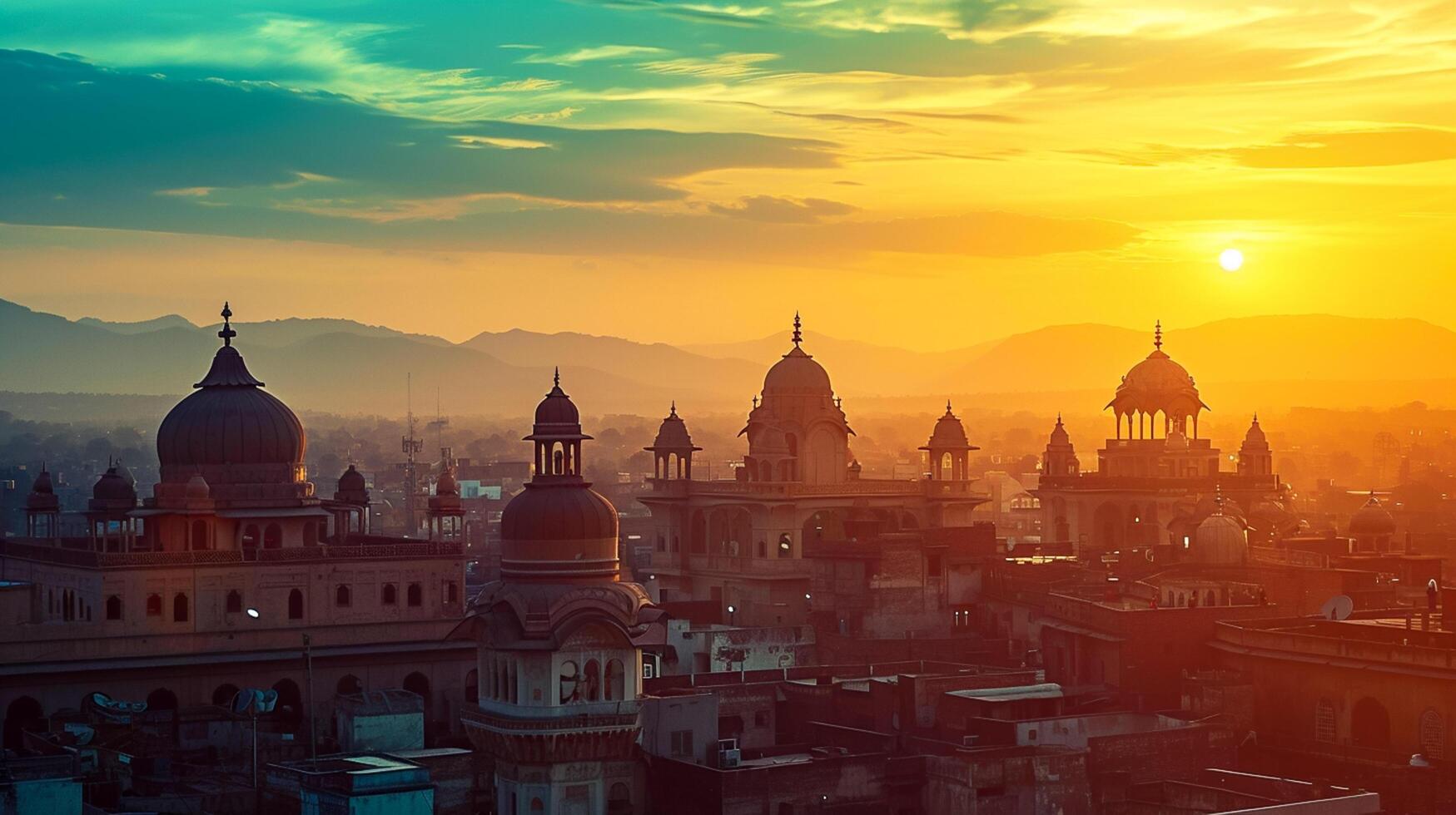 ai generiert malerisch Sonnenuntergang historisch Stadtbild. prominent architektonisch Strukturen, einschließlich gewölbt Gebäude und Türme, sind silhouettiert gegen das Sanft glühen von das Rahmen Sonne. ai generiert foto