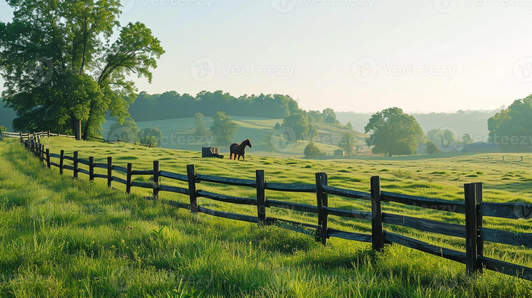 ai generiert Teilt Schiene Zaun erstreckt sich über das Landschaft, Teilen das üppig Grün Felder, und Pferd weidet friedlich nahe, lange Exposition Fotografie ai generiert foto