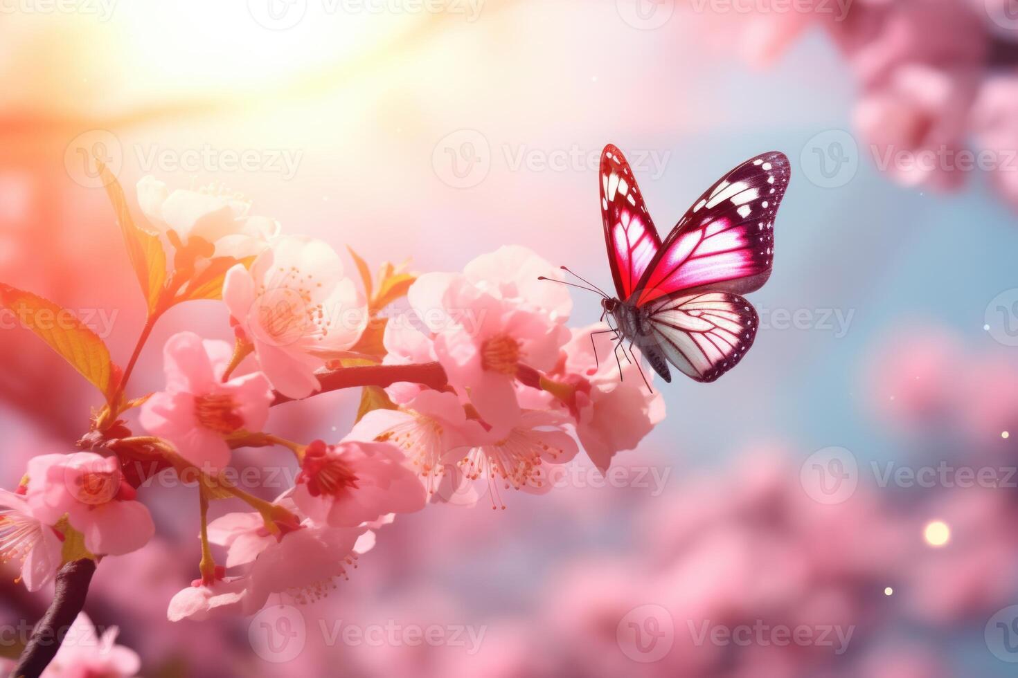 ai generiert Frühling Natur Szene mit Blühen Baum und Schmetterling foto