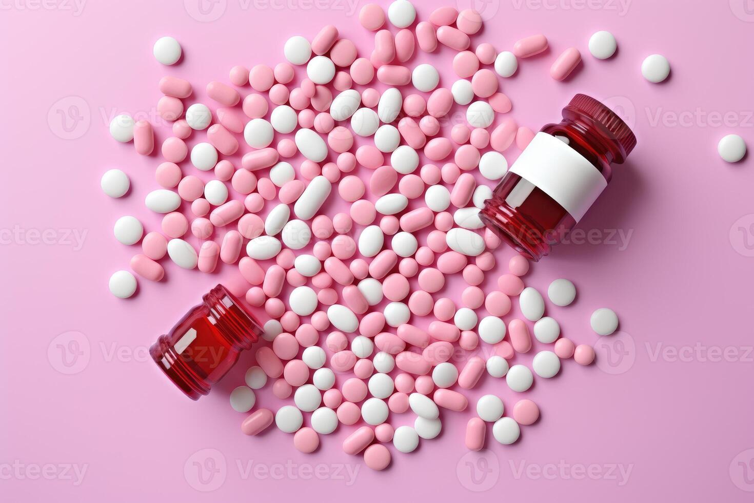 ai generiert Tabletten und Pille Flaschen auf Rosa Hintergrund foto