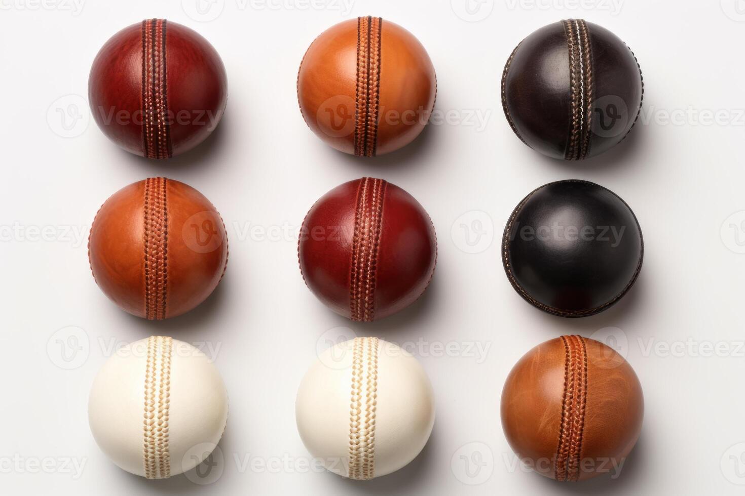 ai generiert Leder Kricket Ball Sammlung isoliert auf Weiß Hintergrund. foto