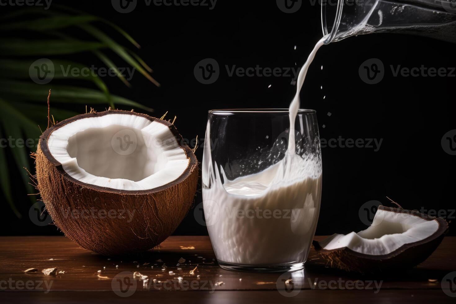 frisch Kokosnuss Milch gegossen in Glas auf Tabelle foto