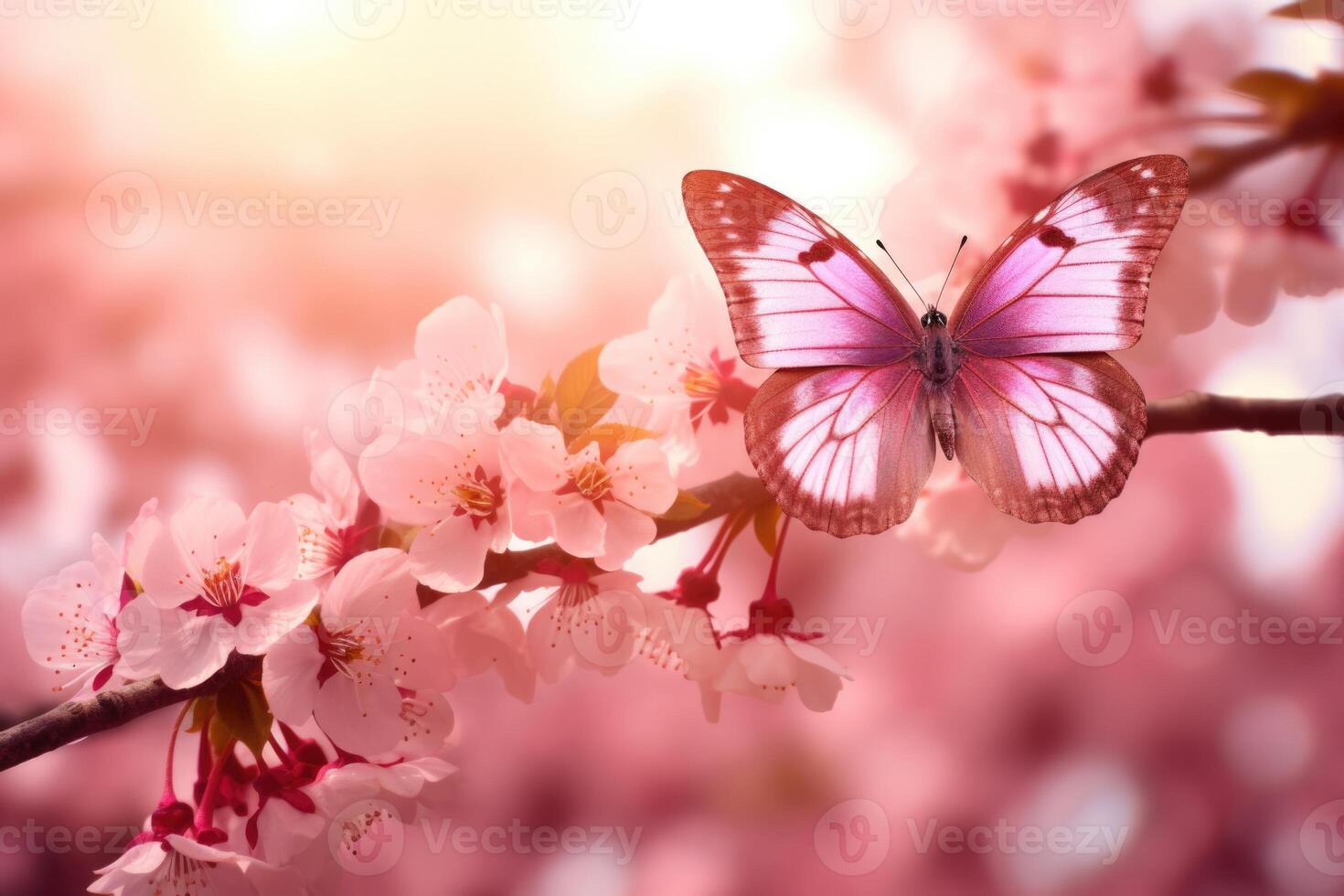 ai generiert Frühling Natur Szene mit Blühen Baum und Schmetterling foto