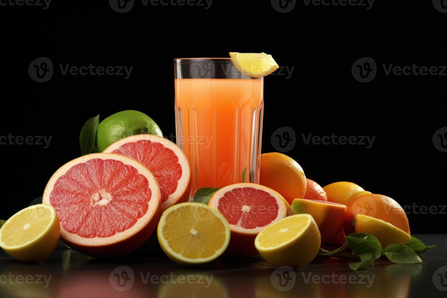 ai generiert Vitamin c-reich Zitrusfrüchte Saft und Scheiben auf schwarz Hintergrund foto