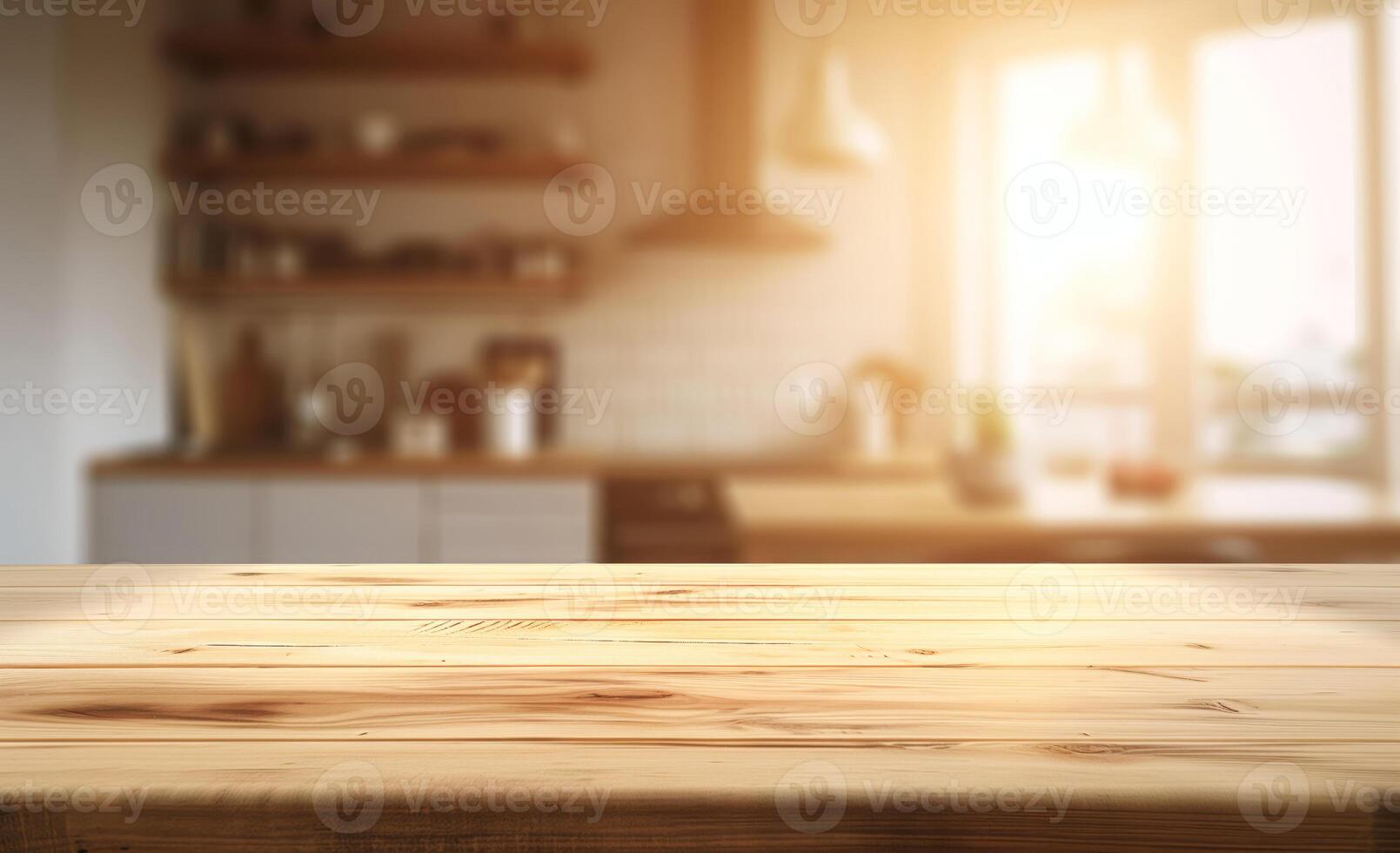 ai generiert leeren schön Holz Tabelle oben Zähler und verwischen Bokeh modern Küche Innere Hintergrund im sauber und hell, Banner, bereit zum Produkt Montage foto