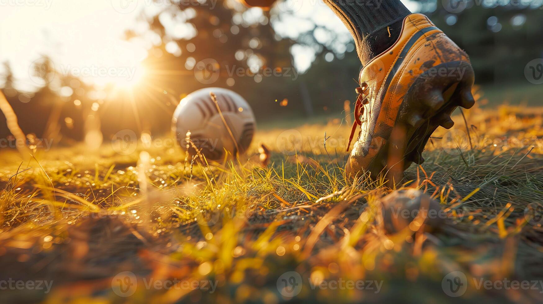 ai generiert Fußball Aktion, Seite Aussicht von Fußball Stiefel treten Ball foto