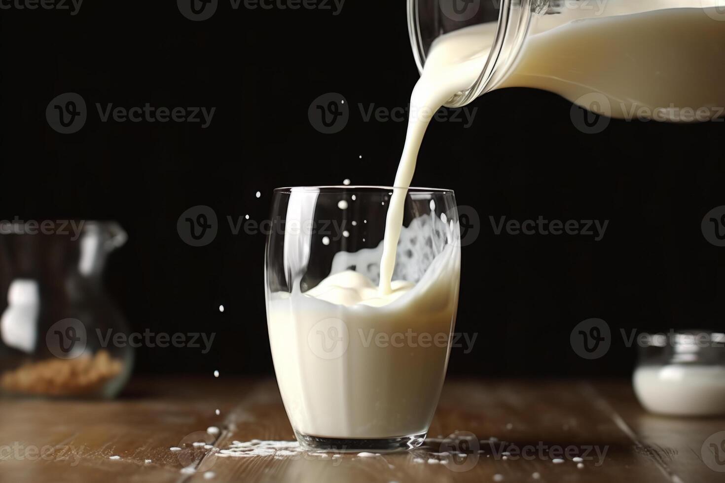 ai generiert Milch gegossen in Glas auf Tisch. foto