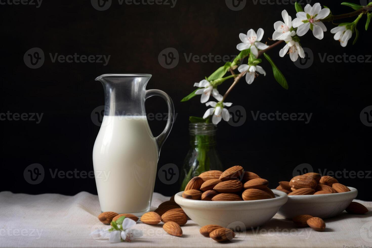 Mandel Milch mit Mandel und Grün Zweig Akzente. foto