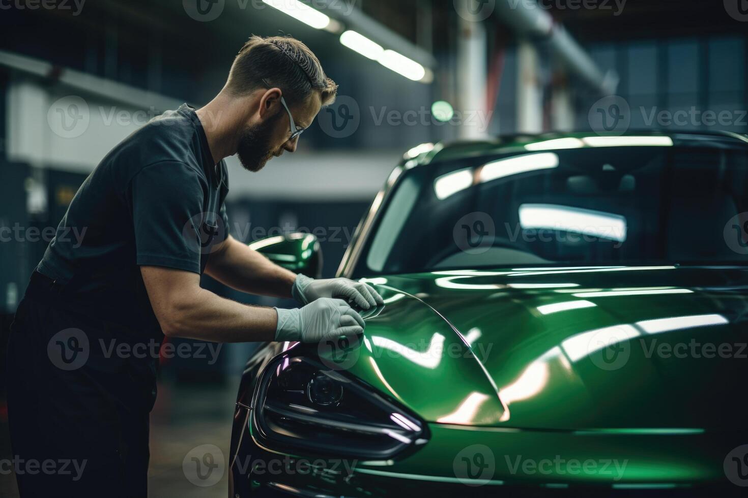 ai generiert Auto Bedienung Arbeiter gilt Nano Glasur auf Auto Detail. foto