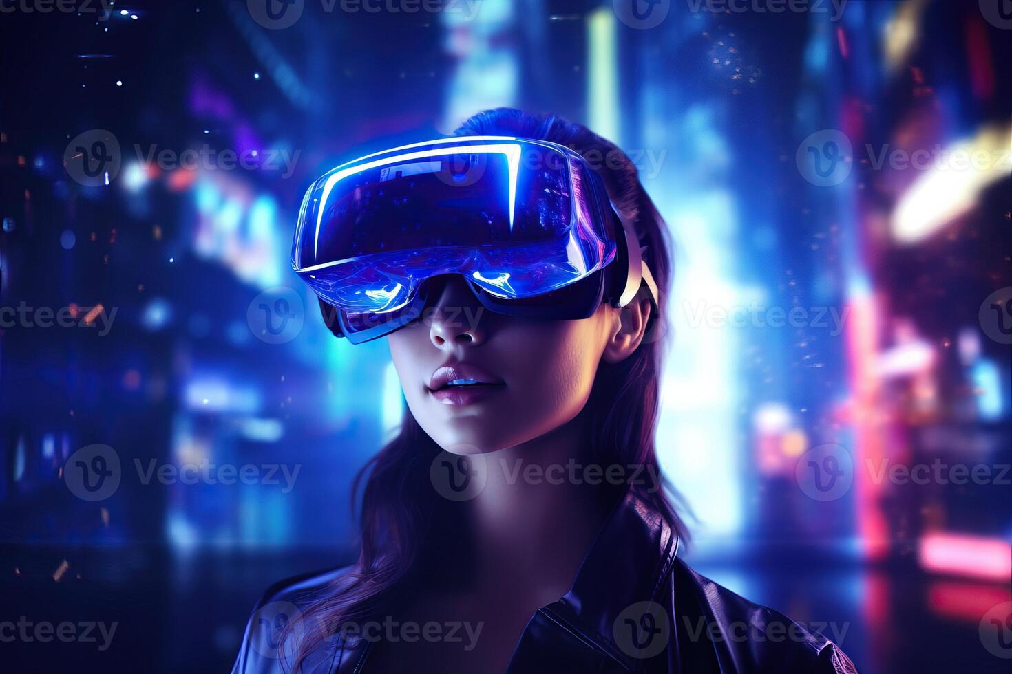 Frau im futuristisch Kostüm erleben virtuell Wirklichkeit foto