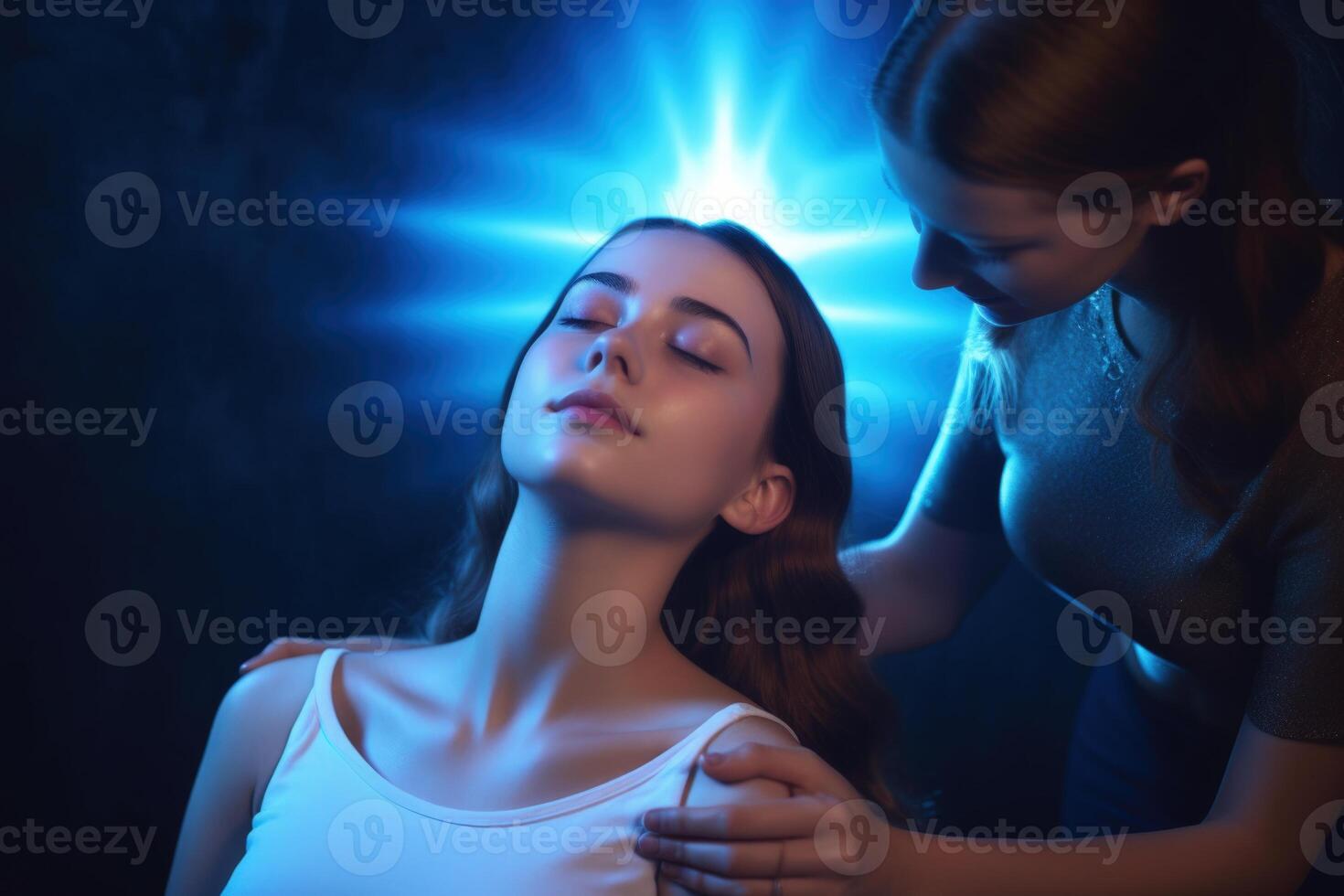 ai generiert Reiki Praktiker Heilung Teenager Mädchen Kehle chakra. foto