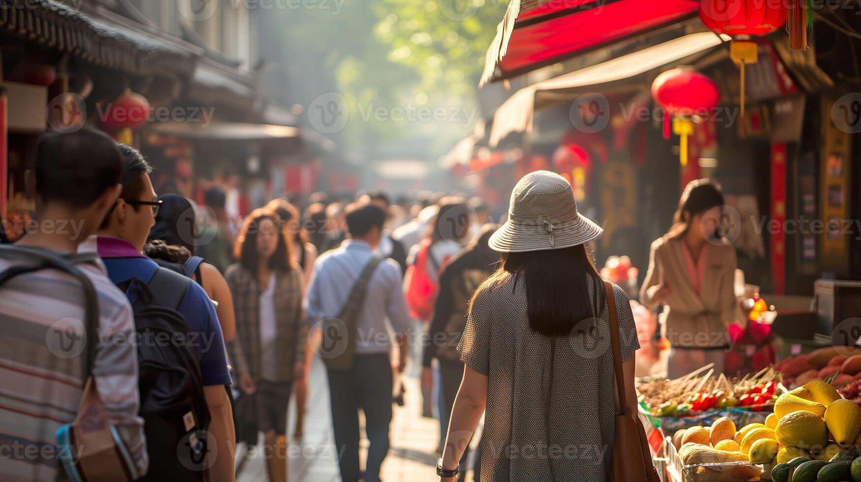 ai generiert Peking Straße Markt, authentisch Essen Szene mit Chinesisch Touristen foto