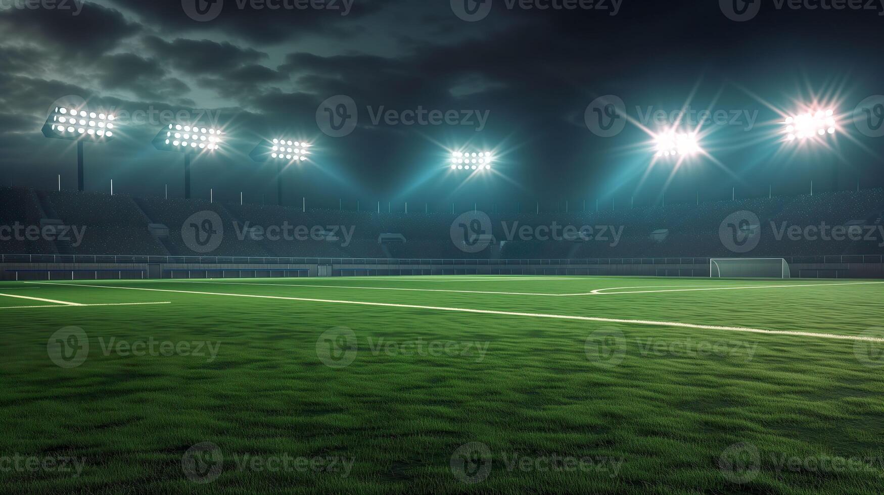 ai generiert Nachtzeit Fußball, kreativ Konzept von ein leeren Stadion foto
