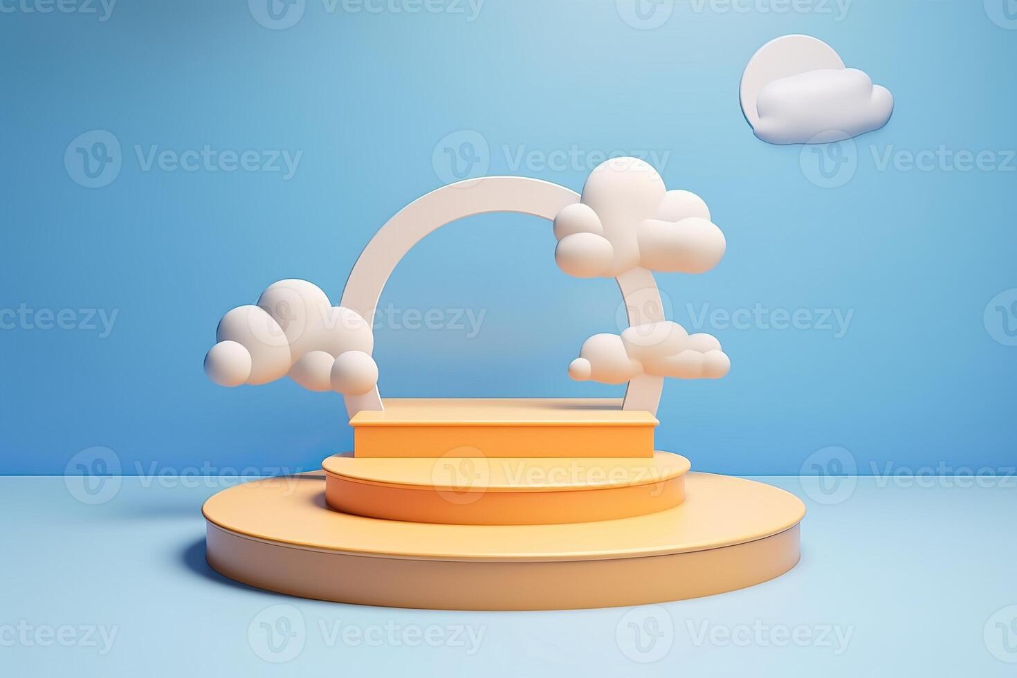 ai generiert Kind Produkt Präsentation auf Bühne mit Wolken und Sonne. foto
