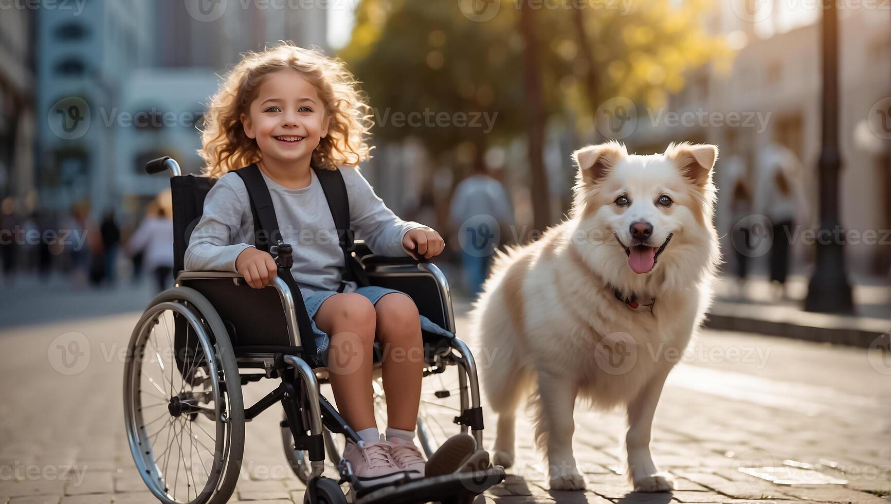 ai generiert wenig Mädchen im ein Rollstuhl auf das Straße mit ein Hund foto