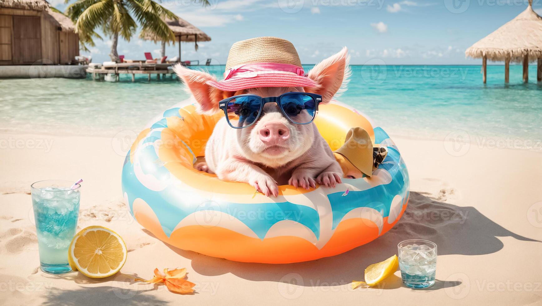 ai generiert süß Schwein im ein Schwimmen Ring haben ein Cocktail auf das Strand foto