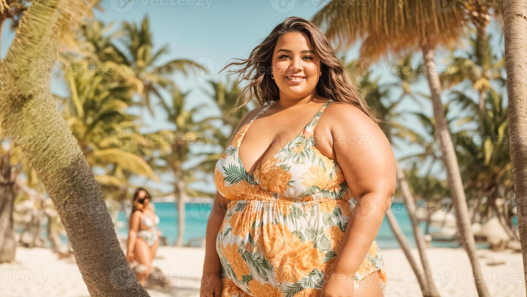 ai generiert schön sehr Fett Frau im ein Badeanzug auf das Strand foto