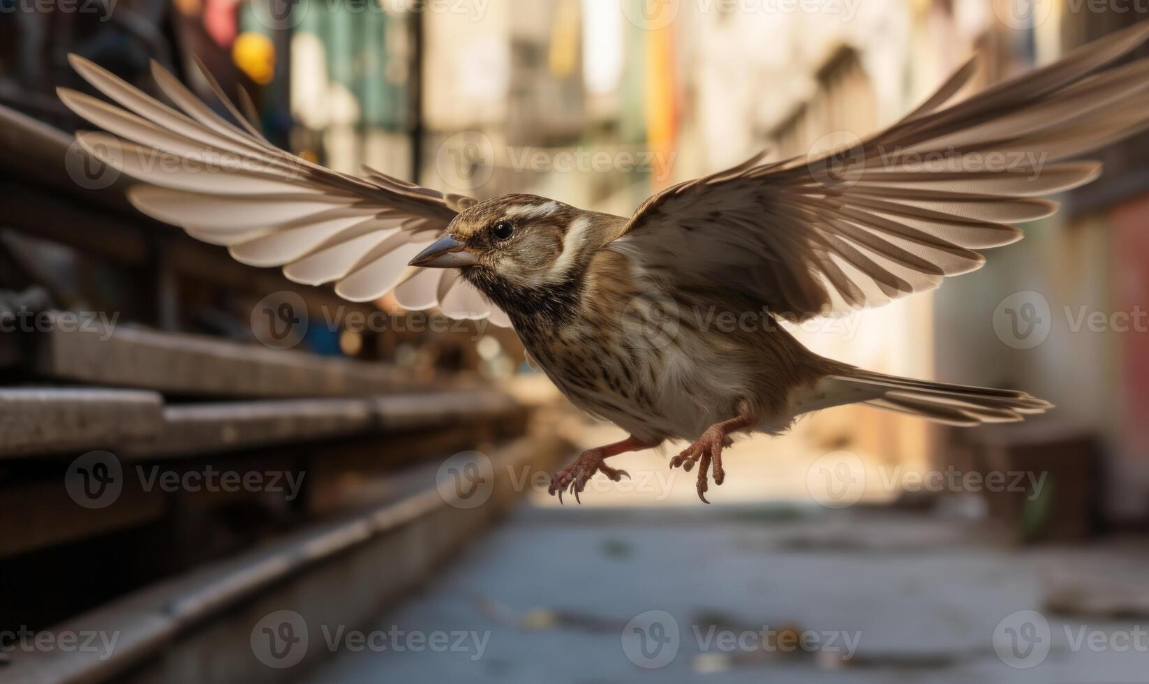 ai generiert ein Spatz fliegend niedrig Über ein Stadt Straße mit Gebäude im das Hintergrund foto