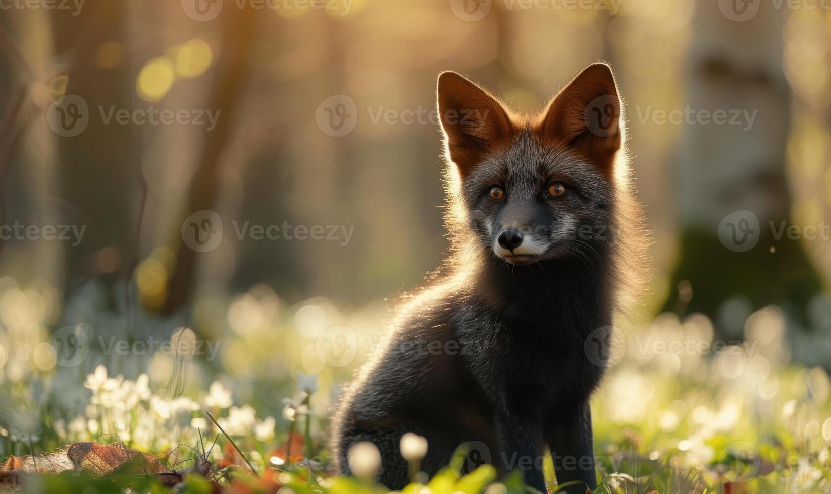 ai generiert grau Fuchs Welpe im das Wald beim Sonnenuntergang foto