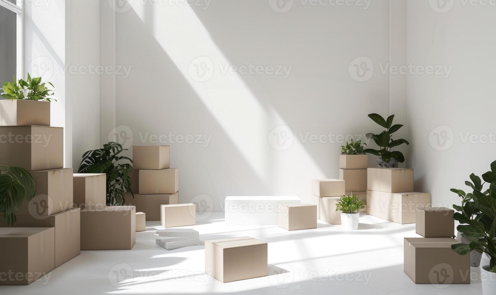ai generiert Stapel von Karton Kisten im Weiß Zimmer mit Sonnenlicht. Raum zum Text. Box Attrappe, Lehrmodell, Simulation auf Weiß foto