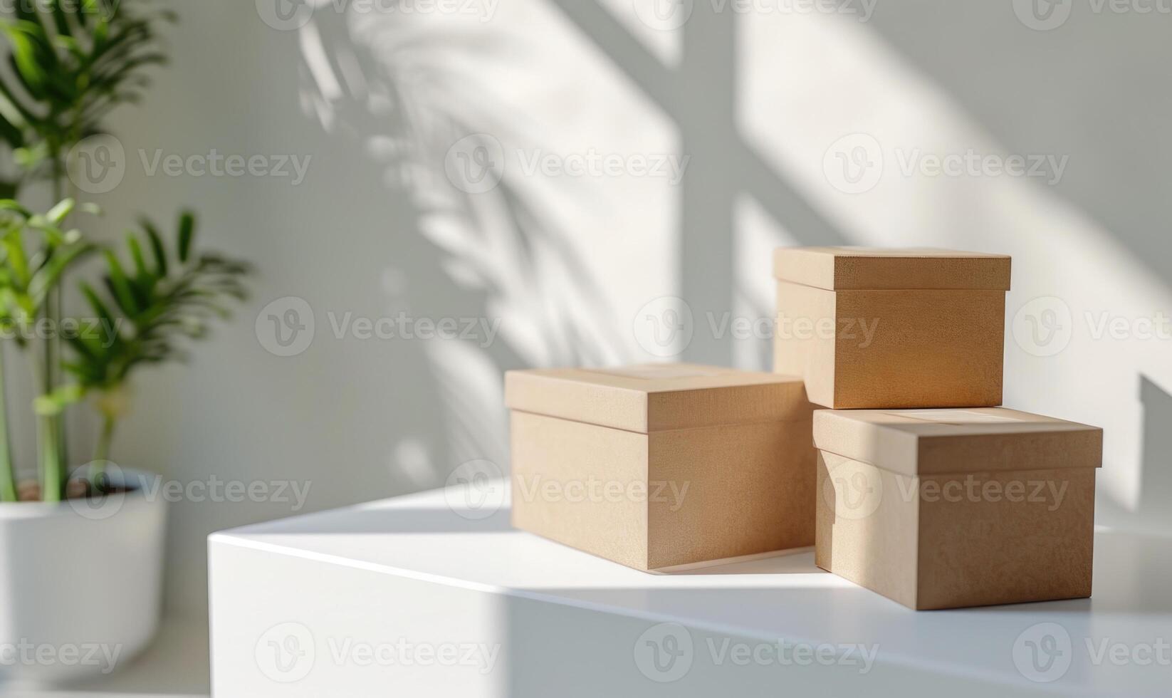 ai generiert Karton Kisten auf ein Weiß Tabelle im ein Licht Zimmer mit Grün Pflanzen. Kisten Attrappe, Lehrmodell, Simulation foto