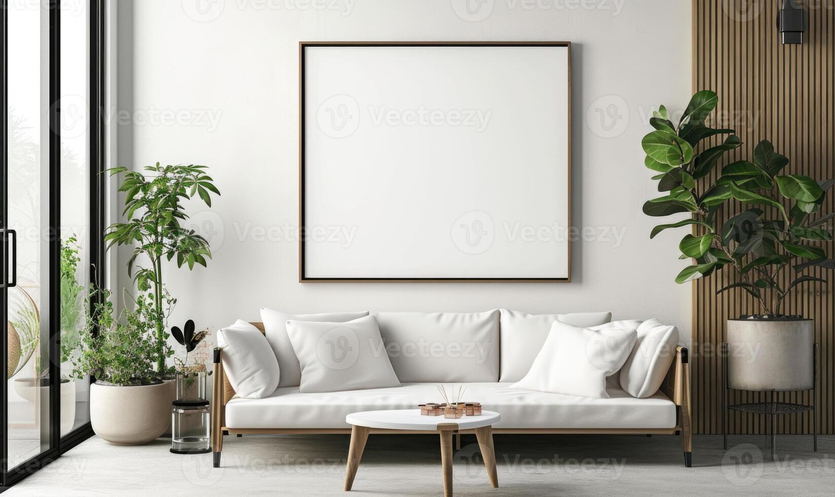 ai generiert Leben Zimmer Innere mit Weiß Sofa, Kaffee Tisch, Kaffee Tabelle und horizontal spotten oben Poster rahmen. foto