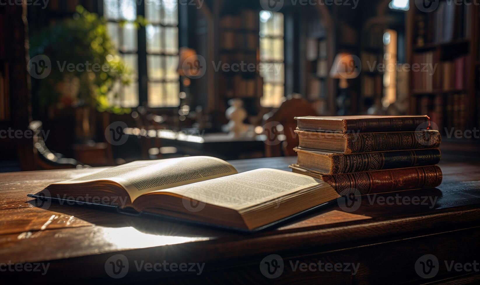 ai generiert öffnen Buch auf ein hölzern Tabelle im ein Bibliothek. selektiv Fokus. foto