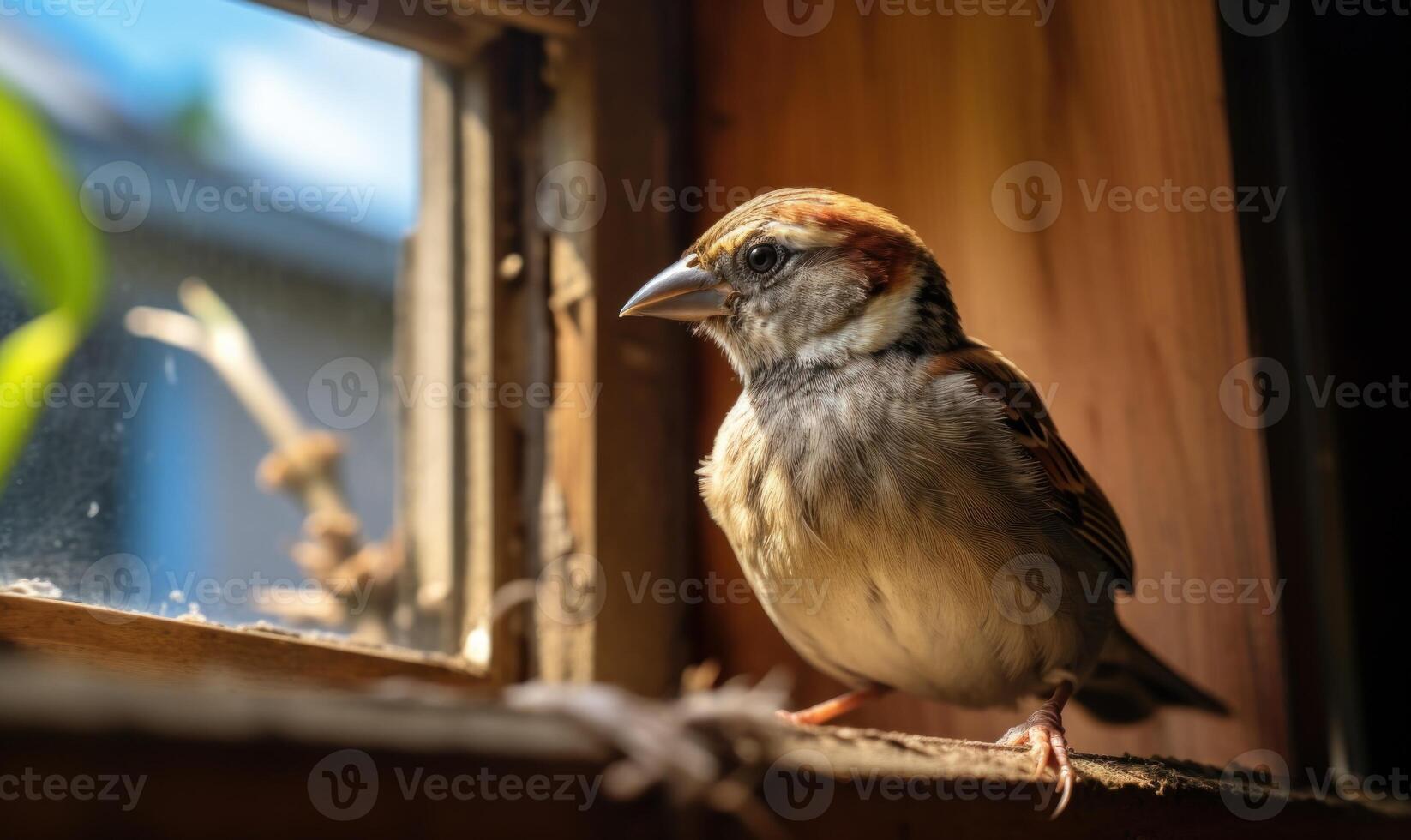 ai generiert wenig Spatz Sitzung auf das Fenster Schwelle und suchen aus das Fenster foto