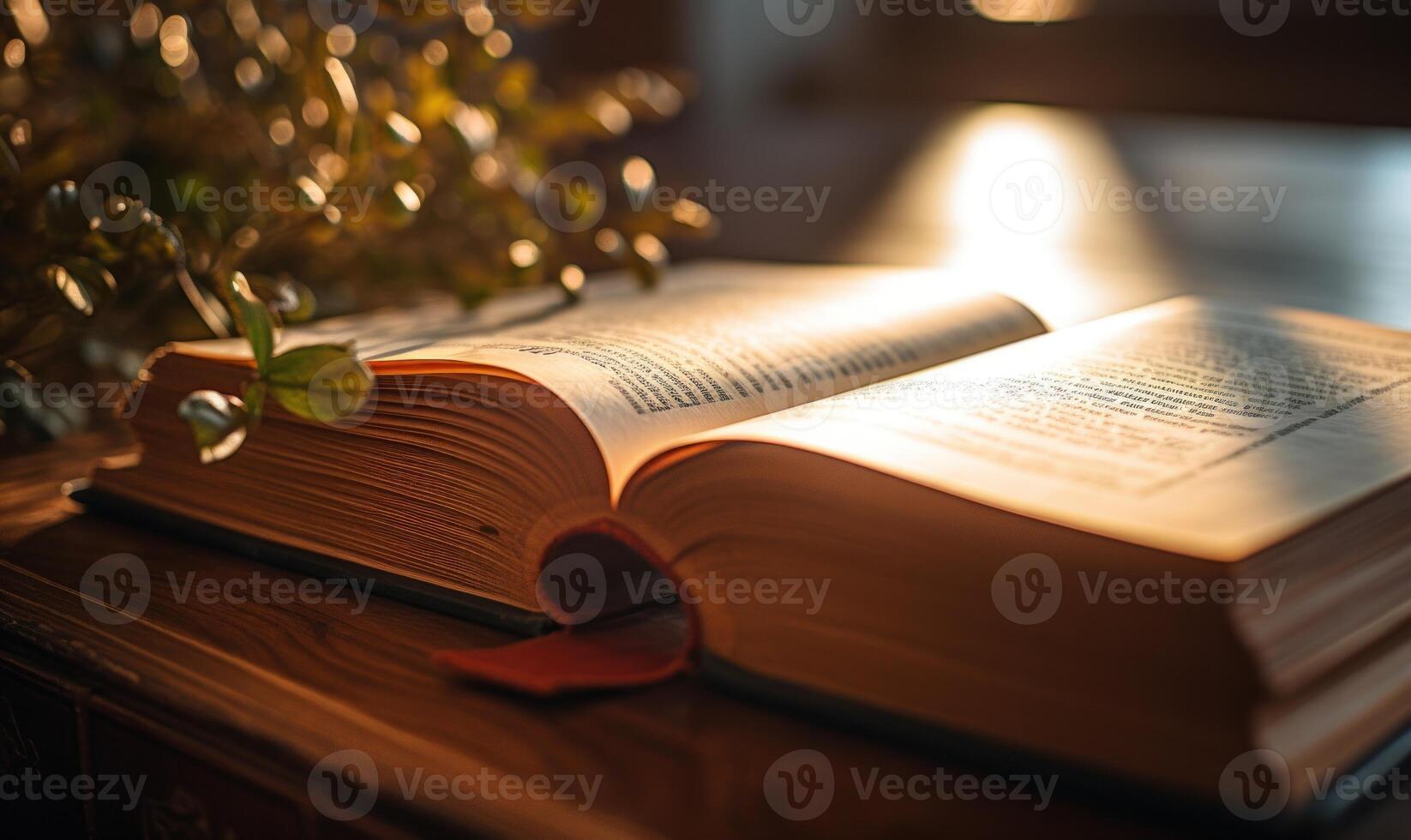 ai generiert öffnen Buch auf ein hölzern Tisch, zündete durch das Strahlen von das Sonne foto