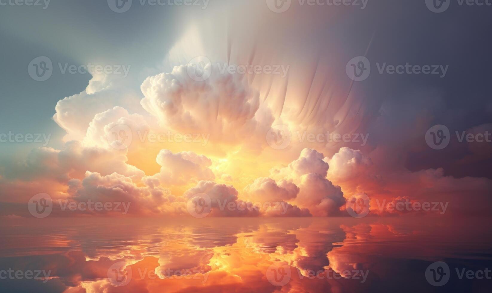 ai generiert Sonnenuntergang Himmel mit Wolken reflektiert im Wasser. foto