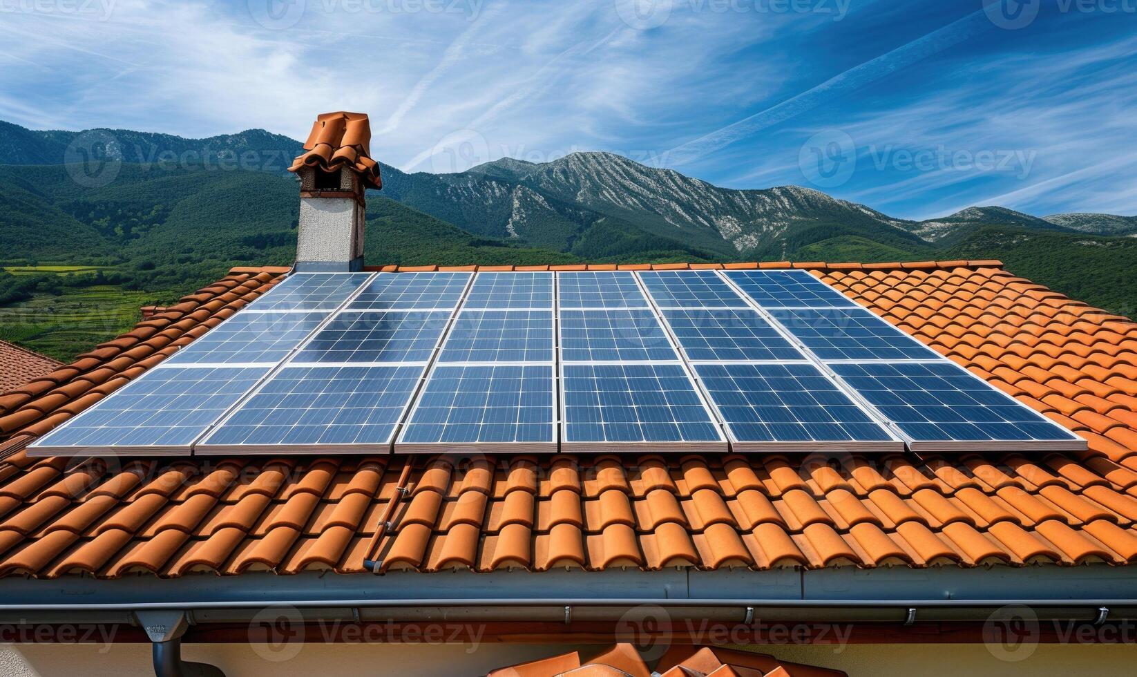 ai generiert modern Haus mit Solar- Paneele auf Dach und Berge im das Hintergrund. foto