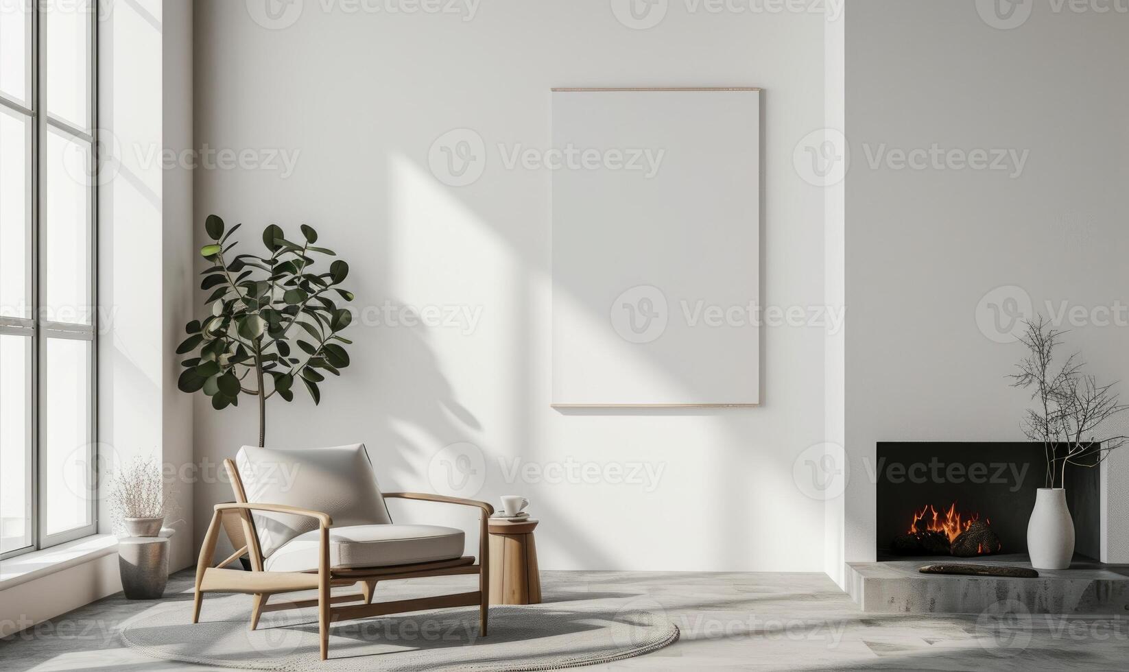 ai generiert Innere von modern Leben Zimmer mit Weiß Wände, Beton Boden, komfortabel Sofa mit Kissen, Kaffee Tabelle und spotten oben Poster Rahmen foto