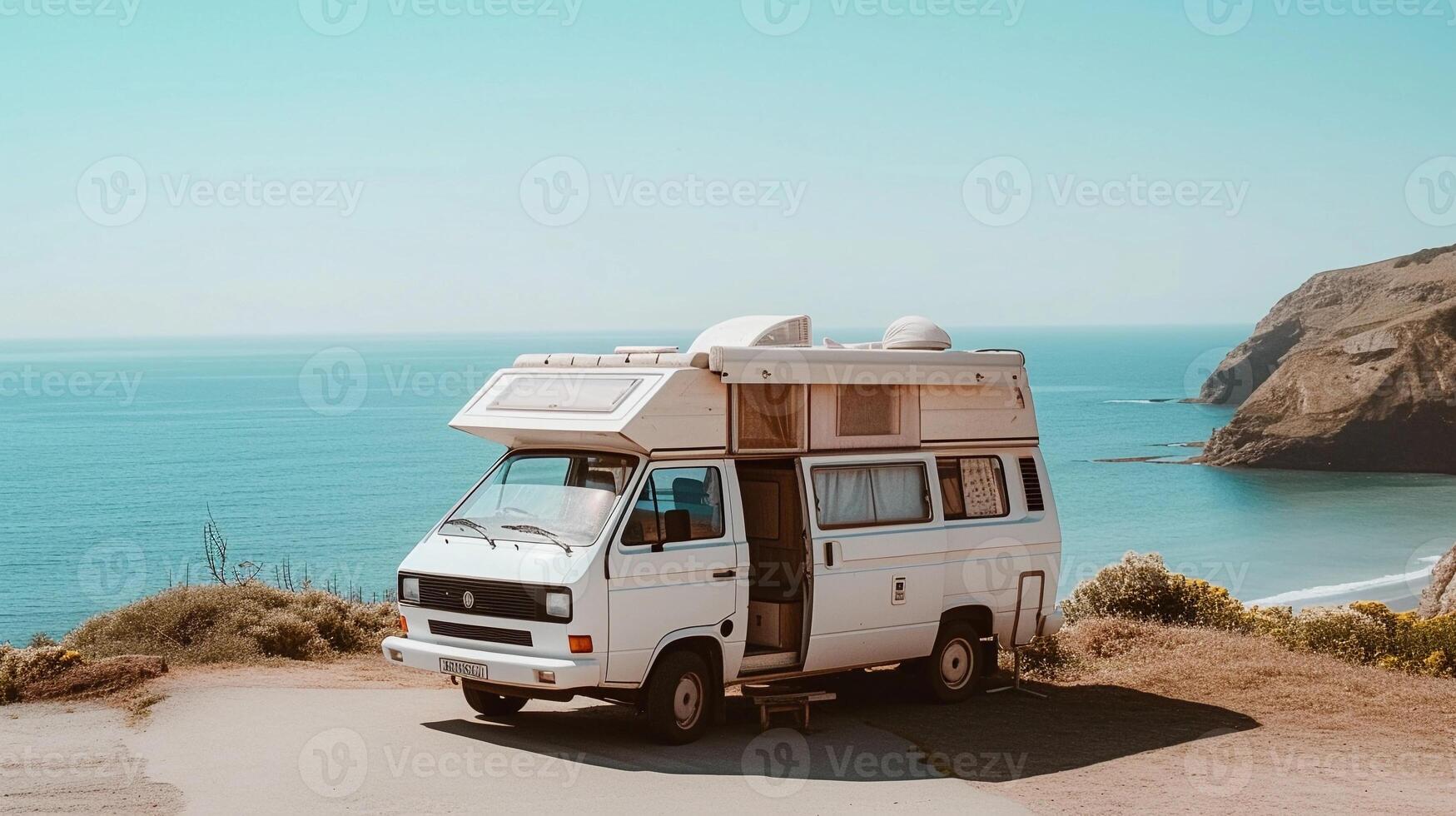 ai generiert Wohnmobil van Freiheit, Erfassung ein Wohnmobil van geparkt durch das Strand oder im ein szenisch Standort, Hintergrund Bild generativ ai foto